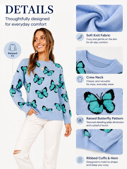 3D Flocking Butterfly Print Knit Sweater for Women Round Neck Drop Shoulder Long Sleeve Loose Pullover Casual Jumper Fall Winter Fashion Streetwear Tops