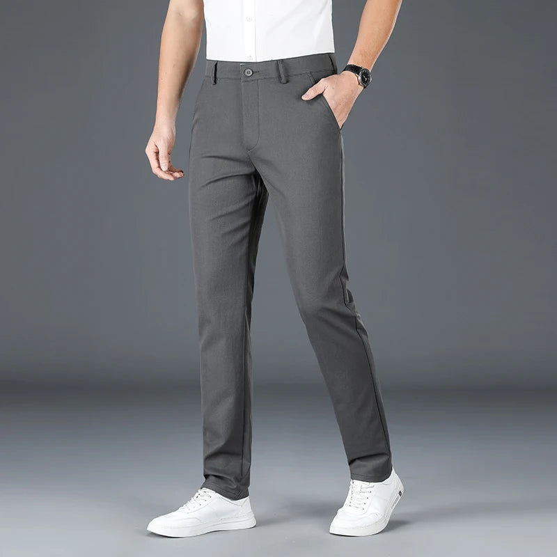2025 New Men's Business Casual Straight Pants Micro Elastic Burgundy Khaki Black Classic Fashion Brand Four Seasons Trousers