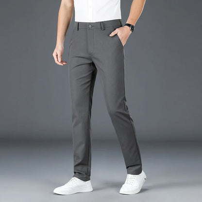 2025 New Men's Business Casual Straight Pants Micro Elastic Burgundy Khaki Black Classic Fashion Brand Four Seasons Trousers