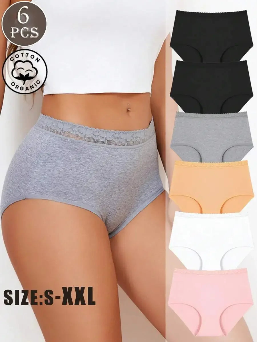 6PCS Womens Cotton Lace Trim Soft Comfortable High-Waisted Briefs Plus Size S-XXL
