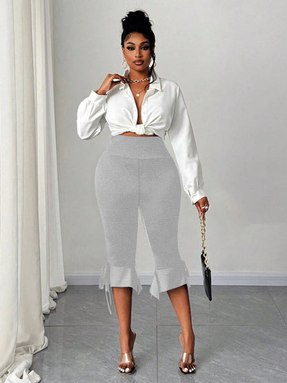 Plus Size Women's High Waist Capri Pants with Ruffle Hem & Tie Detail