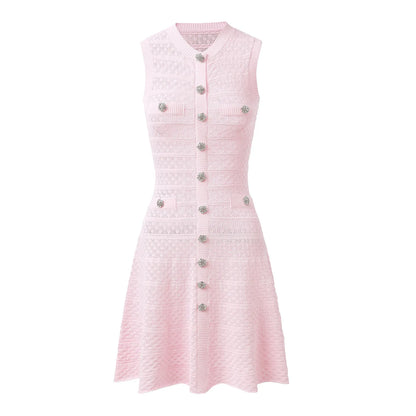 ZJYT New Summer Women's Sleeveless Knit Dress Elegant Sweet Pink Casual Party Mini Short Dresses Female Knitwears with Buttons
