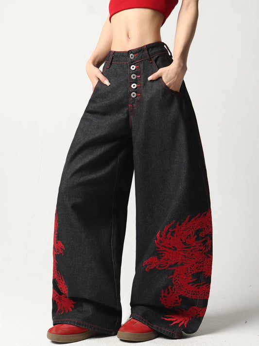 American Retro Heavy-Duty Three-Dimensional Embroidered Women's High-Waisted Jeans - Buttoned Design, Black Straight-Leg Loose Trousers, Casual And Versatile Slimming Wide-Leg Trousers