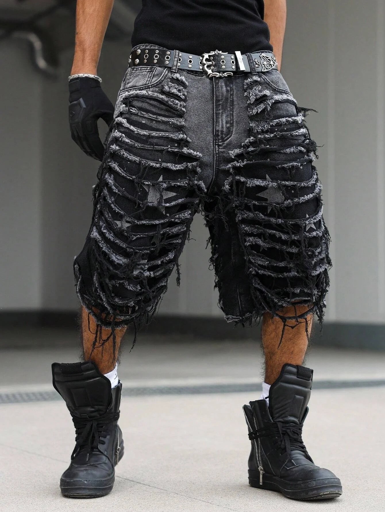 Men's Gothic Vintage Aesthetic Black Washed Ripped Denim Shorts, Summer Trendy Loose Raw Edge Fringed Five-Point Pants