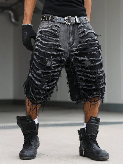 Men's Gothic Vintage Aesthetic Black Washed Ripped Denim Shorts, Summer Trendy Loose Raw Edge Fringed Five-Point Pants