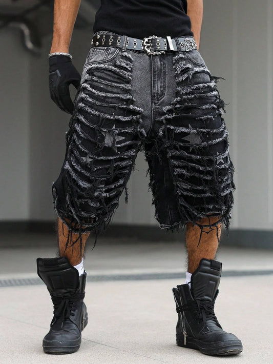 Men's Gothic Vintage Aesthetic Black Washed Ripped Denim Shorts, Summer Trendy Loose Raw Edge Fringed Five-Point Pants