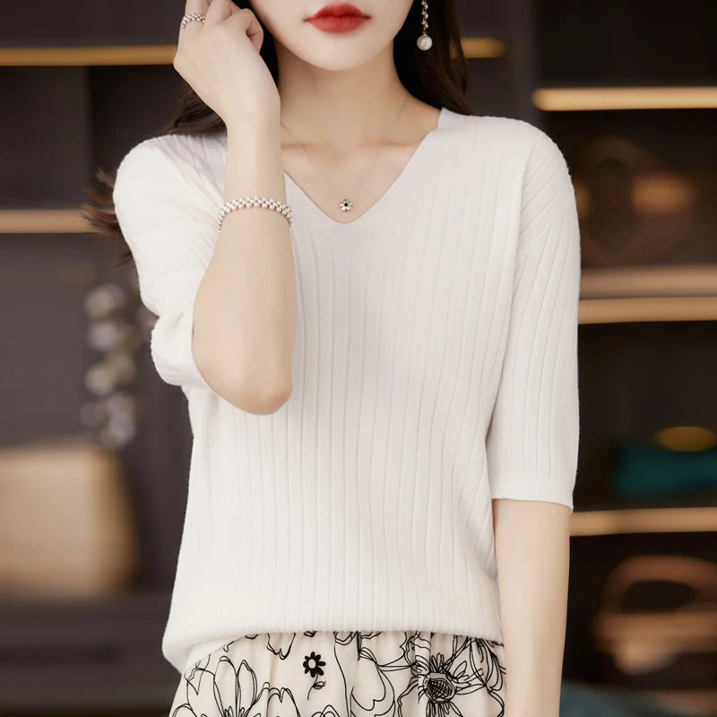 Women's Sweater Spring Summer Short Sleeve V-neck Knit Shirt Casual Pullovers Stripe Bottoming Shirt Slim Fit Jumpers