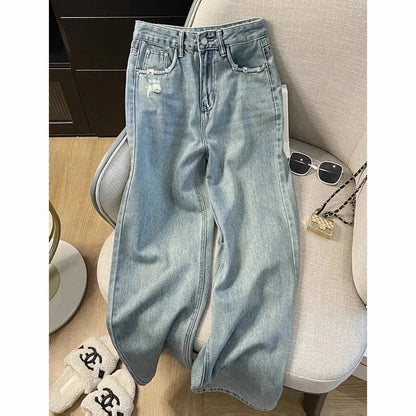 Casual Jeans Womens Straight Leg Denim Trousers Loose Fit High Waist Light Blue Wide Leg Vintage Ripped Design Autumn New