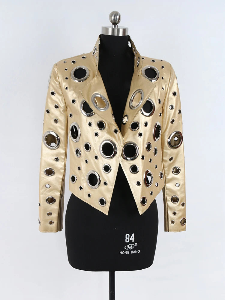 Nerazzurri Spring Autumn Short Hollow Out Pu Leather Jacket Women Rivet Cool Stylish Luxury Designer Clothes Runway Fashion 2024