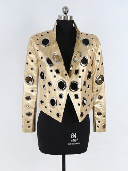 Nerazzurri Spring Autumn Short Hollow Out Pu Leather Jacket Women Rivet Cool Stylish Luxury Designer Clothes Runway Fashion 2024