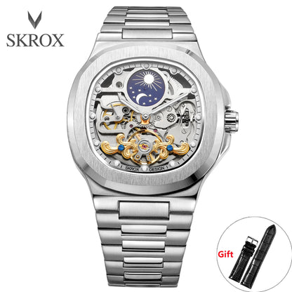 2026 High-end Luxury SKROX Square Man Watch Sapphire Stainless Steel Skeleton Moon Phase Classic Automatic Movement Male Watches