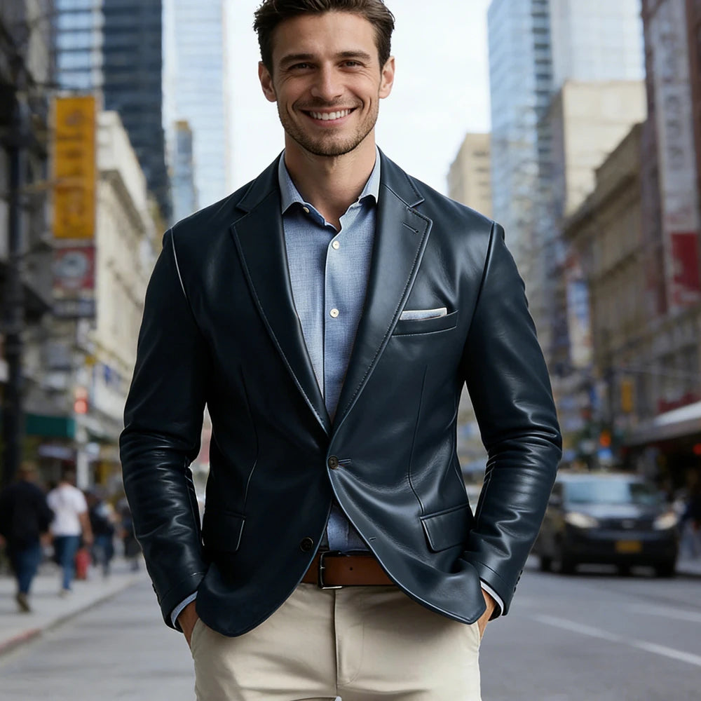 Men's Faux Leather Blazer Notch Lapel Flap Pockets Slim Fit Suit Jacket Coats For Casual Business Wedding Party