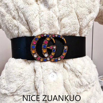 Women's Genuine Leather Belt, High-end European Women's Belt, with Colorful Rhinestones in A Casual Style,