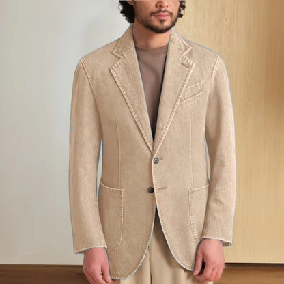 Men's Stretch Denim Blazer Classic Fit Notch Lapel 2 Button Suit Jacket Soft Breathable Business Casual Sport Coat with Pockets