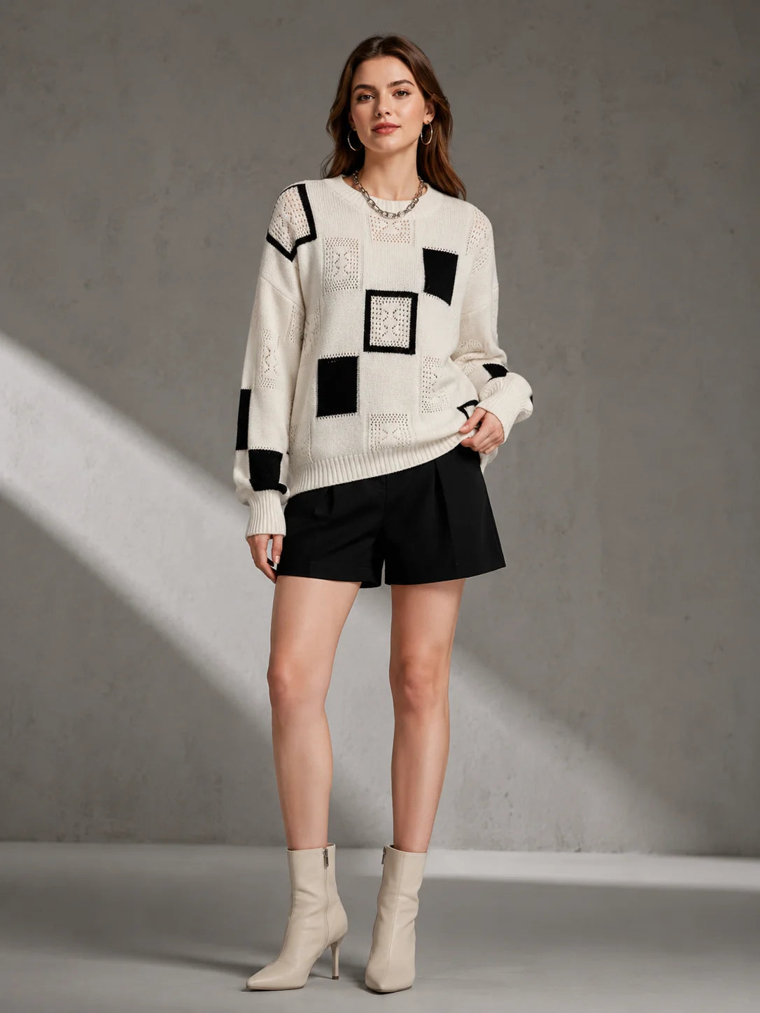 Color Block Square Patchwork Knit Sweater for Women, Hollow Cable Knit Crew Neck Long Sleeve Pullover, Loose Drop Shoulder Casual Jumper for Fall Winter