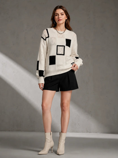 Color Block Square Patchwork Knit Sweater for Women, Hollow Cable Knit Crew Neck Long Sleeve Pullover, Loose Drop Shoulder Casual Jumper for Fall Winter