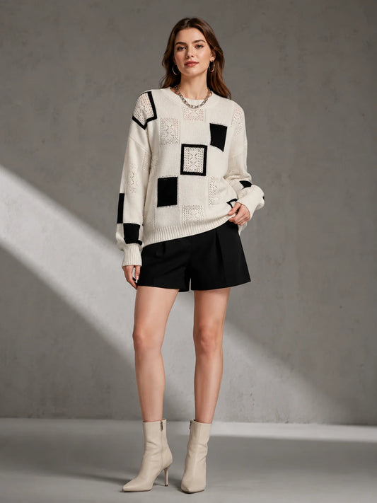 Color Block Square Patchwork Knit Sweater for Women, Hollow Cable Knit Crew Neck Long Sleeve Pullover, Loose Drop Shoulder Casual Jumper for Fall Winter