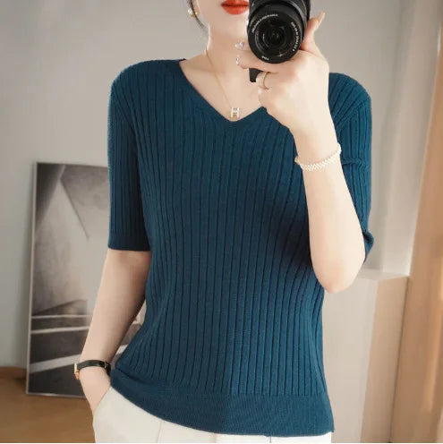 Women's Sweater Spring Summer Short Sleeve V-neck Knit Shirt Casual Pullovers Stripe Bottoming Shirt Slim Fit Jumpers