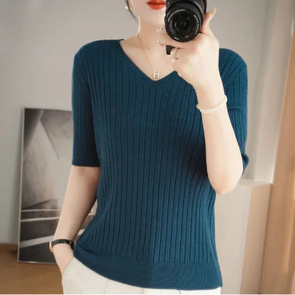 Women's Sweater Spring Summer Short Sleeve V-neck Knit Shirt Casual Pullovers Stripe Bottoming Shirt Slim Fit Jumpers