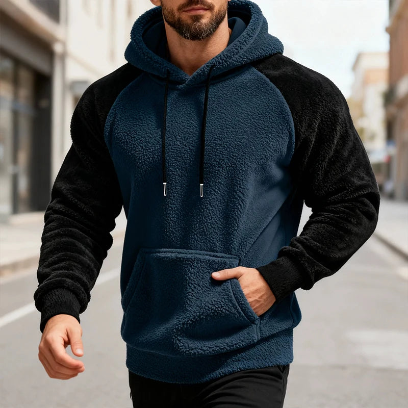 Winter Men Fleece Hooded Sweatshirt Long Sleeve Match Colors Shoulder Cuff Hoodies Trendy Big Size Light Weight Outerwear M-2XL