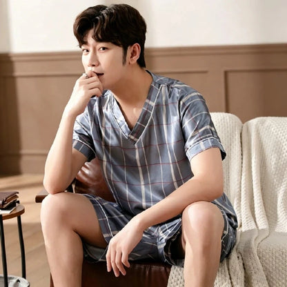 Men Summer New Fashion Print Pajamas Set Plus Size V-Neck Short Sleeve Shorts Men's Sleepwear