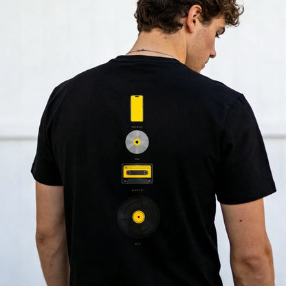 Music Evolution Media Vertical Graphic T-Shirt Men Back Print Cotton Short Sleeve Vinyl Cassette CD Phone Nostalgia Casual Tee