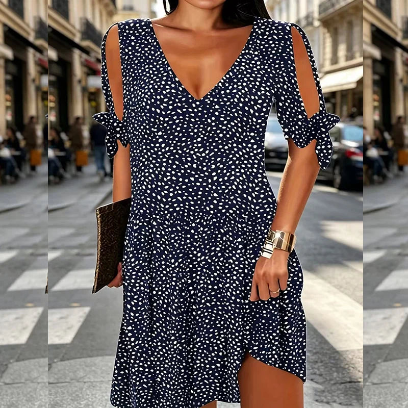 Women's Elegant V-Neck Summer Polka Dot Print Off-Shoulder Dress, Suitable for Vacation, Music Festivals, and Everyday Casual Wear