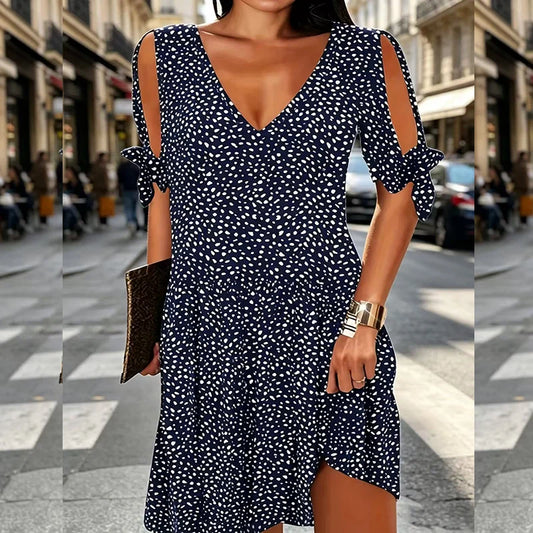 Women's Elegant V-Neck Summer Polka Dot Print Off-Shoulder Dress, Suitable for Vacation, Music Festivals, and Everyday Casual Wear