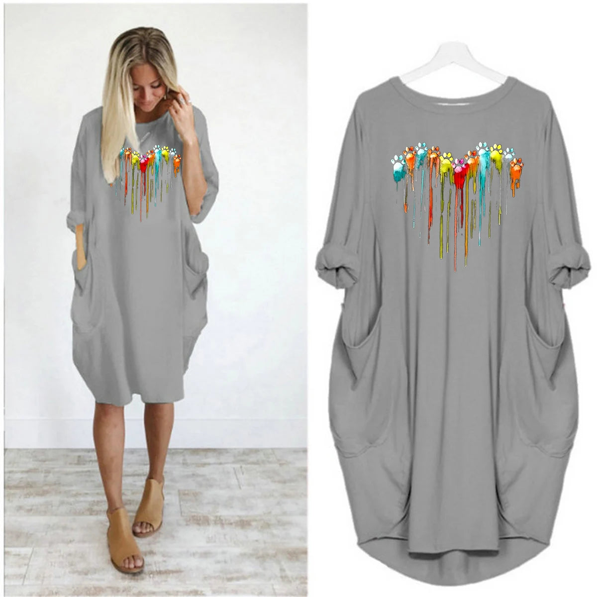 Women's Spring and Summer Footprint Heart Printed Casual Fashion Loose Large Size Long Sleeve Pocket Dress