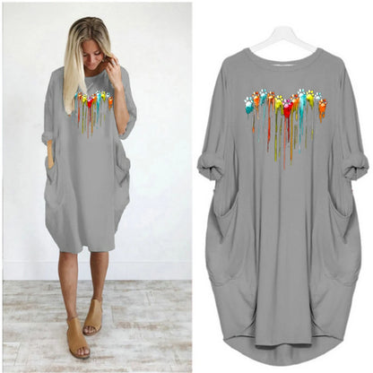 Women's Spring and Summer Footprint Heart Printed Casual Fashion Loose Large Size Long Sleeve Pocket Dress