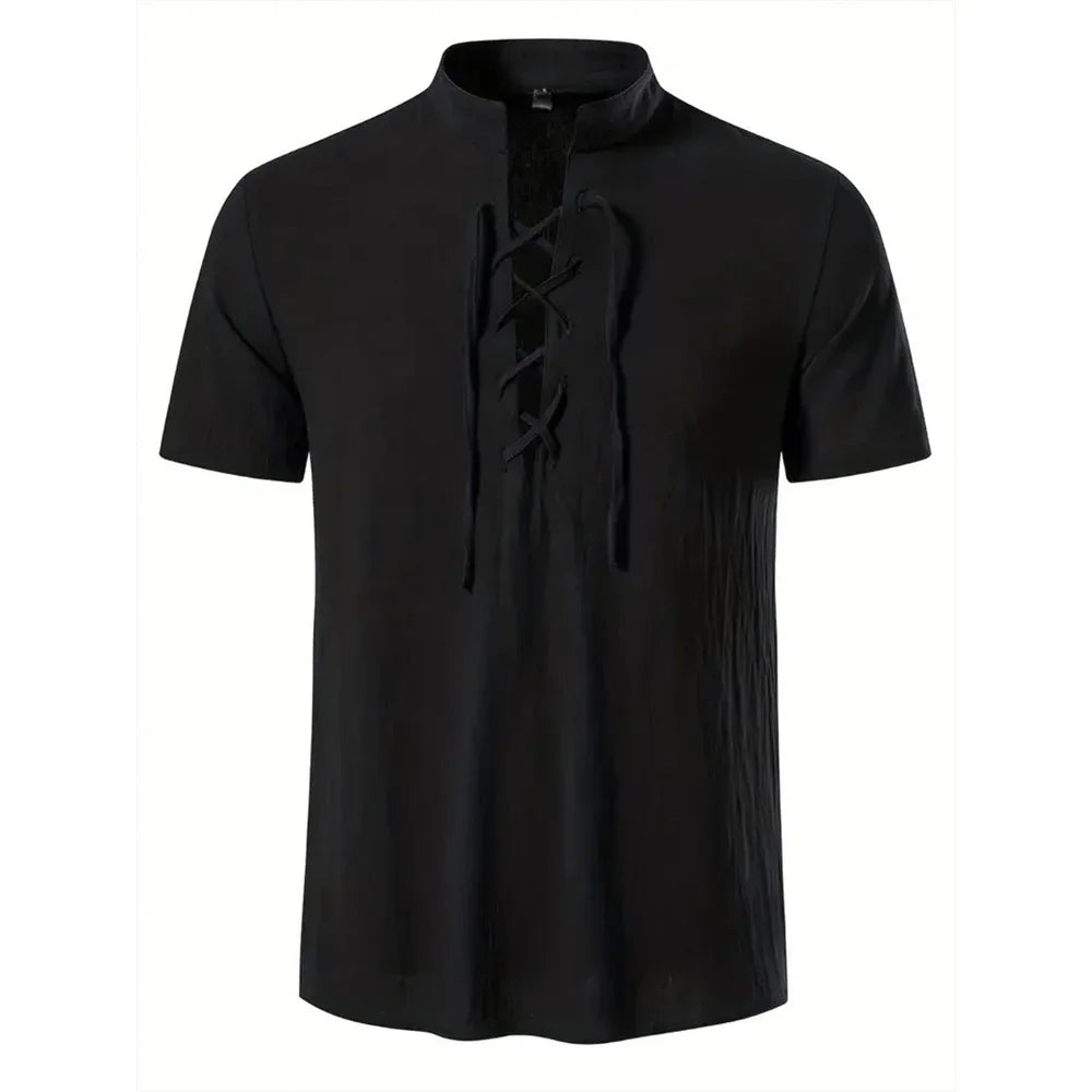 Men's Retro Shirt Short Sleeve Cotton Linen Lightweight Breathable Solid Color Fashion Tops Pirate V-neck Male Stylish Shirts