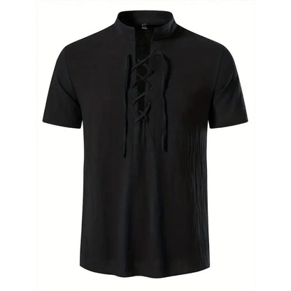 Men's Retro Shirt Short Sleeve Cotton Linen Lightweight Breathable Solid Color Fashion Tops Pirate V-neck Male Stylish Shirts