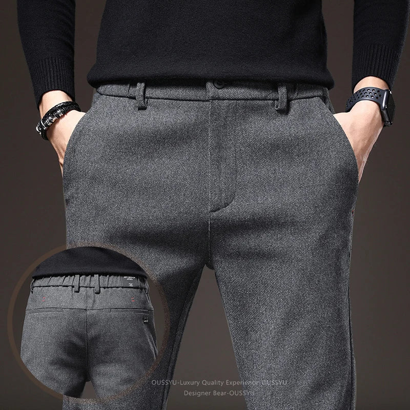 Good Quality Autumn Casual Pants Men Business Slim Elastic Waist Stretch Work Brushed Fabric Blue Trousers Male Brand Clothes