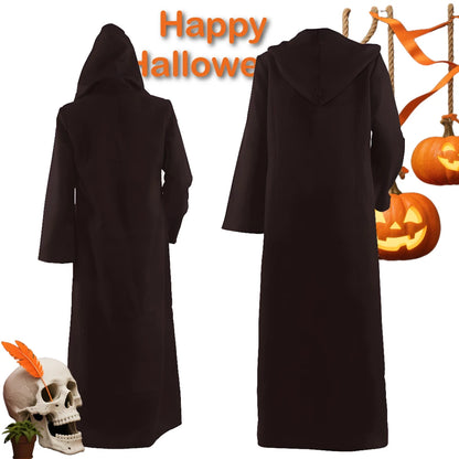Sorcerer Long Shirt Hooded Black Robe Costume Halloween Cloak Cosplay Costume Wizard Tunic Hooded Robe Adults and Children