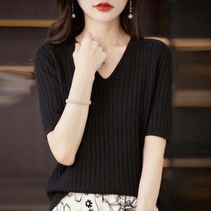 Women's Sweater Spring Summer Short Sleeve V-neck Knit Shirt Casual Pullovers Stripe Bottoming Shirt Slim Fit Jumpers