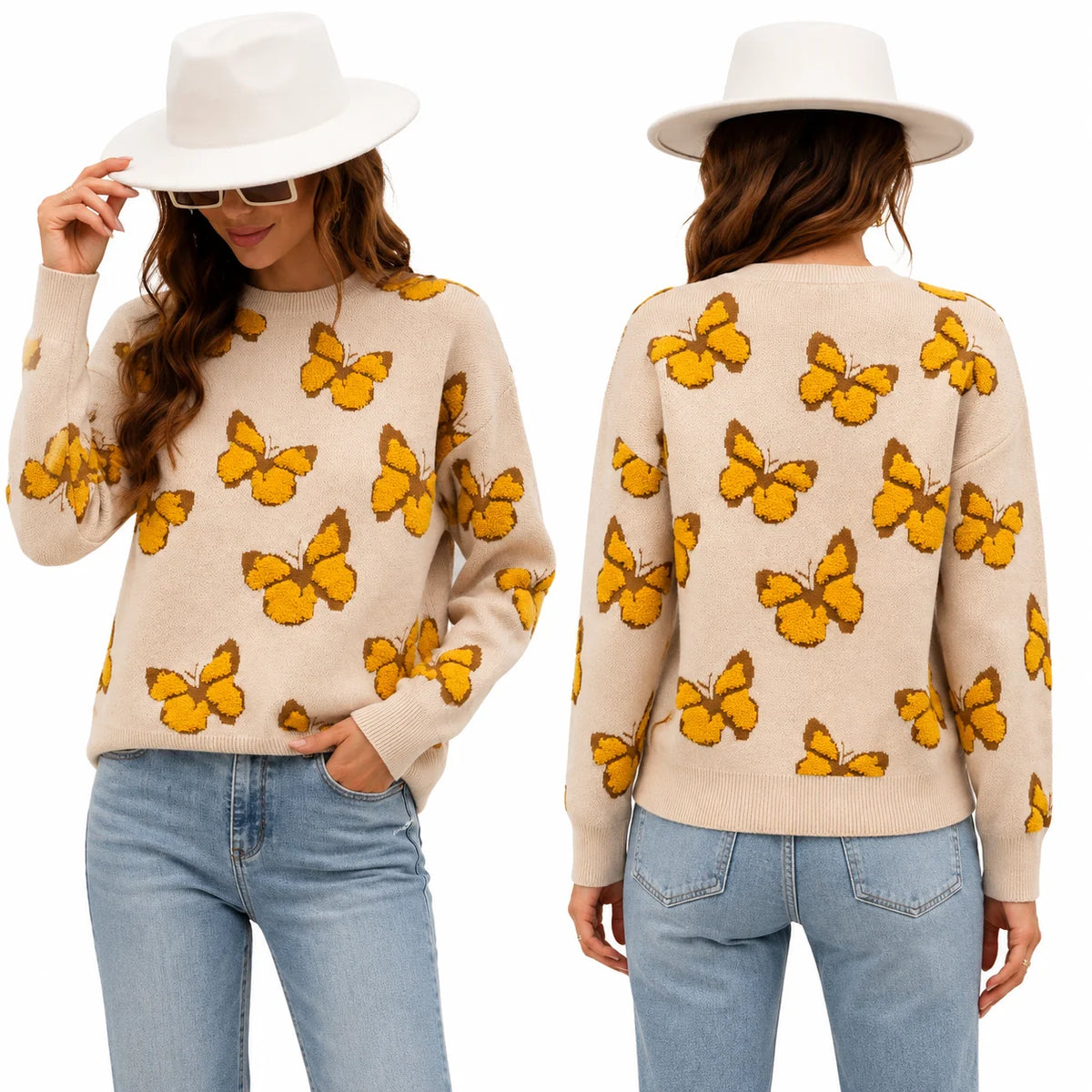 3D Flocking Butterfly Print Knit Sweater for Women Round Neck Drop Shoulder Long Sleeve Loose Pullover Casual Jumper Fall Winter Fashion Streetwear Tops