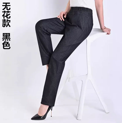 Middle-aged Women's Jeans Spring Summer Stretch Waist Straight Denim Pants Large Size Loose Casual Black Blue Denim Trousers 5XL