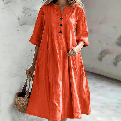 New Solid Color Cotton Linen Comfortable Casual Dresses Women Half Sleeve Loose Dress Gown Female Double Pocket Patchwork Frock