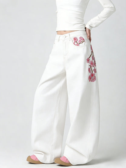 Women's White Embroidered High-Waist Loose Wide-Leg Jeans Y2K Street Trend Comfortable Everyday Versatile All-Season Pants