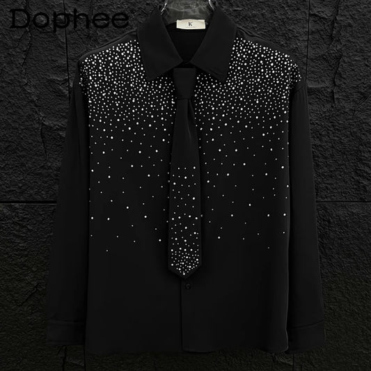 Men's 2025 Spring Summer New High-End Tops Fashion Rhinestone Long Sleeve Solid Color Shirts Men's Trendy Loose Comfort Shirts