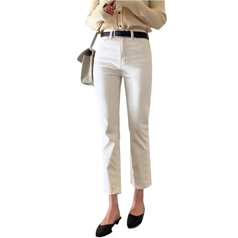 High Waist Straight Leg Jeans Women's ort Stature 50cm Slim Elastic Nine-Tenths e Tube Pants Spring Summer Apricot