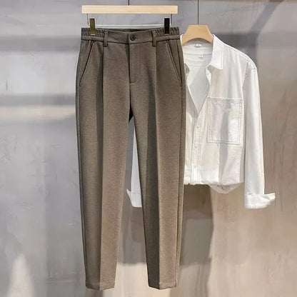 Autumn Winter New Men's Woolen Suit Pants Slim Straight Elastic Waist Formal Business Tapered Brown Trousers
