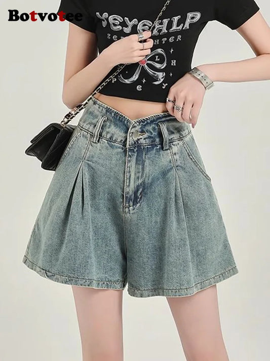 Botvotee Wide Leg Flare Short Jeans for Women High Waisted Korean Fashion Causal Blue Denim Shorts Vintage Streetwear Jeans