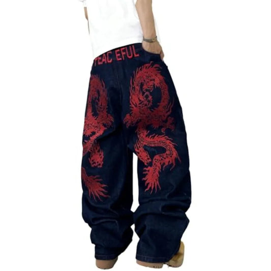 Mens Baggy Jeans Embroidery Pattern Denim Trousers Wide Leg Denim Pant Loose Fit Skater Jeans Streetwear Clothing
