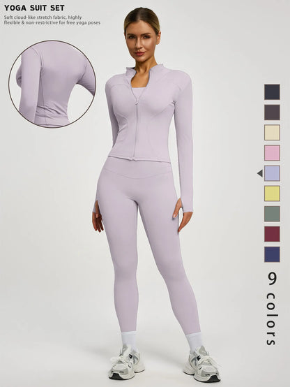 Fitfemme 2Pcs Women's Spring Yoga Sport Suit High Waist Legging Jacket Lifting Running Pants Outdoor Set