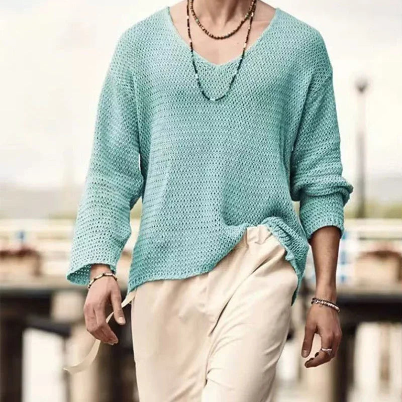 Men's Loose Long Sleeve Casual Hollow Knitted Sweater 2025 Fashion Versatile Outer Shirt Casual Top