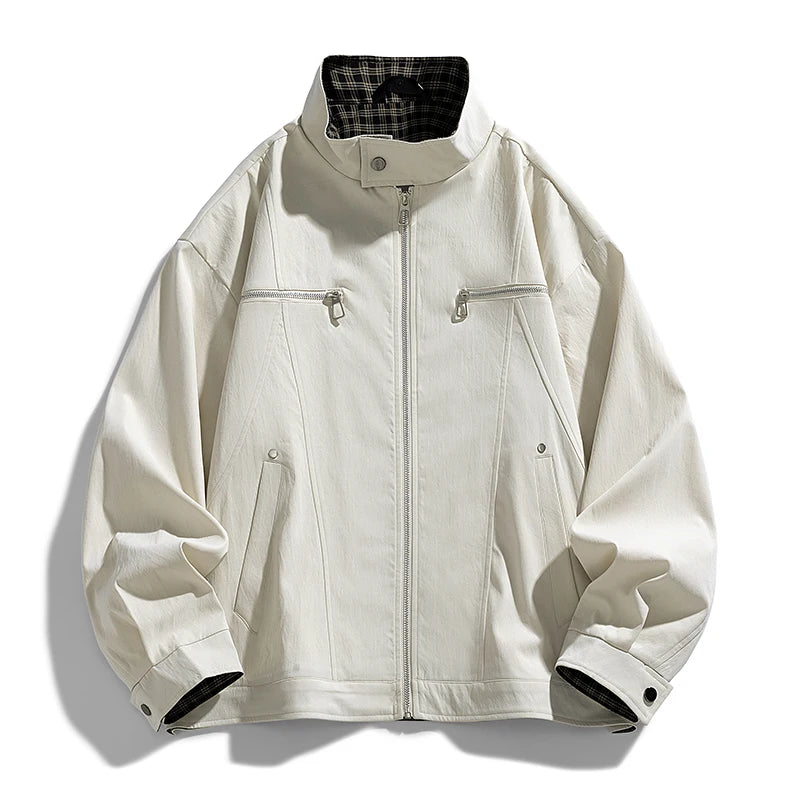Men's Stand-Collar Casual Jacket – Solid Color Loose Fit Zip-Up Windbreaker with Plaid Lining Streetwear Outerwear