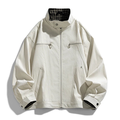 Men's Stand-Collar Casual Jacket – Solid Color Loose Fit Zip-Up Windbreaker with Plaid Lining Streetwear Outerwear