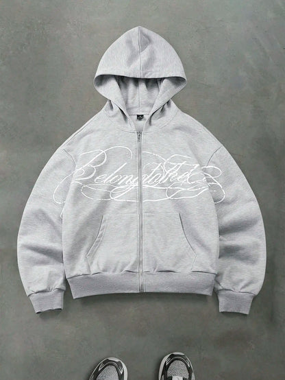Autumn Streetwear Cropped Zip Up Hoodie Men Letter Graphic Print Front Pocket Oversized Loose Sweatshirt Casual Daily Wear 2026