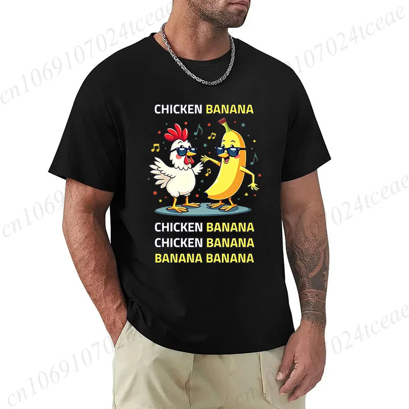 Unisex Chicken Banana Meme T Shirt Funny Cartoon Chicken Banana with Sunglasses Graphic Tee Music Short Sleeve Oversized Tops